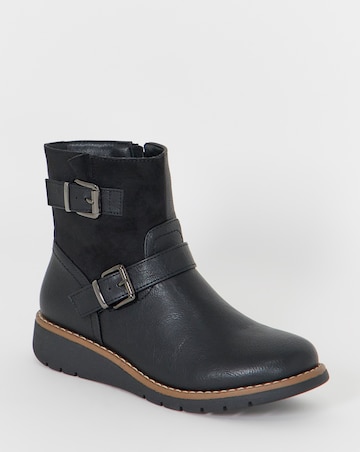 Cushion Walk Contrast Fabric Double Buckle Wedge Boots - Extra Wide Fit (EEE)