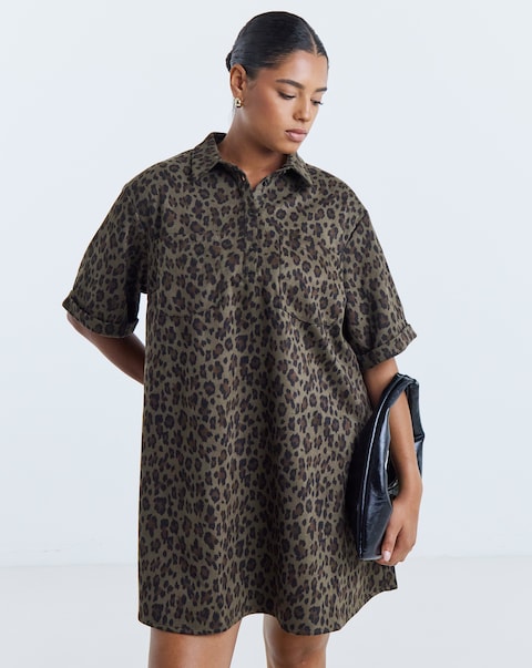 Simply Be Green Leopard Print Suedette Shift Shirt Dress