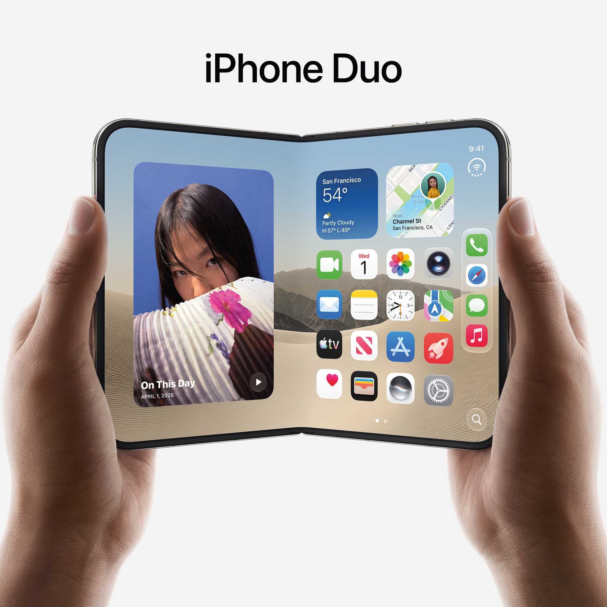 A pair of hands holding an iPhone Duo