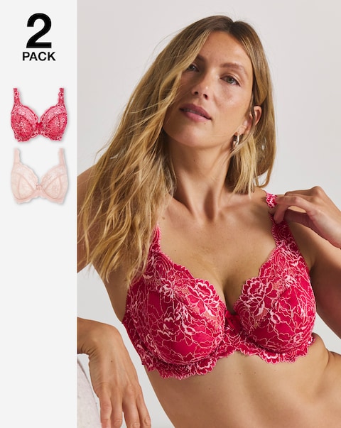 Pretty Secrets (2 Pack) Ella Lace Full Cup Wired Bras (C-H) Pink Multi