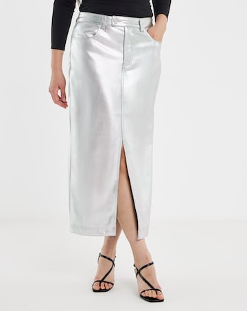 Metallic PU Leather Look Column Maxi Skirt