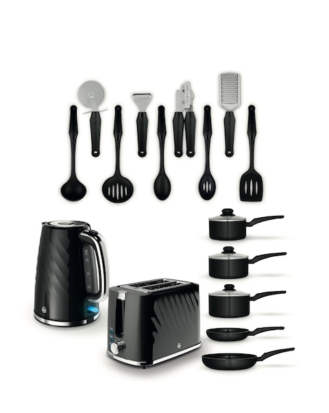 Swan Black Kettle, Toaster, pan + tool