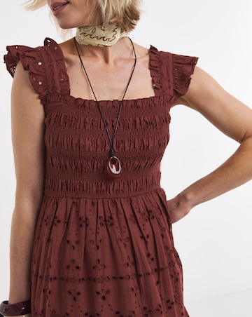 Chocolate Broderie Shirred Midi Dress