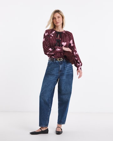 Burgundy Floral Bow Front Satin Blouse