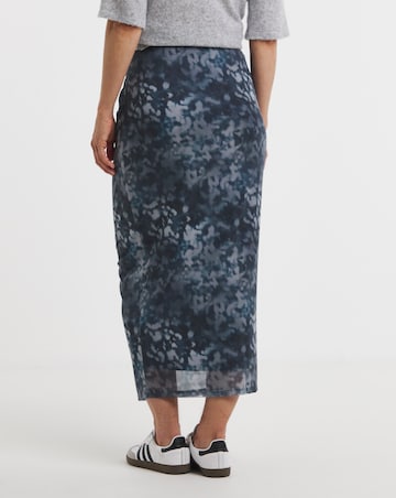 Printed Mesh Ruched Column Maxi Skirt