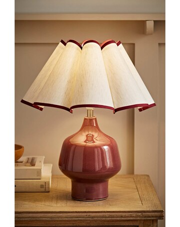 ValueLights Jamie Burgundy Table Lamp with Scallop Trim Shade