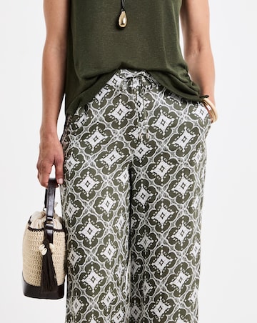 Green Printed Spun Viscose Pull On Wide Leg Trousers