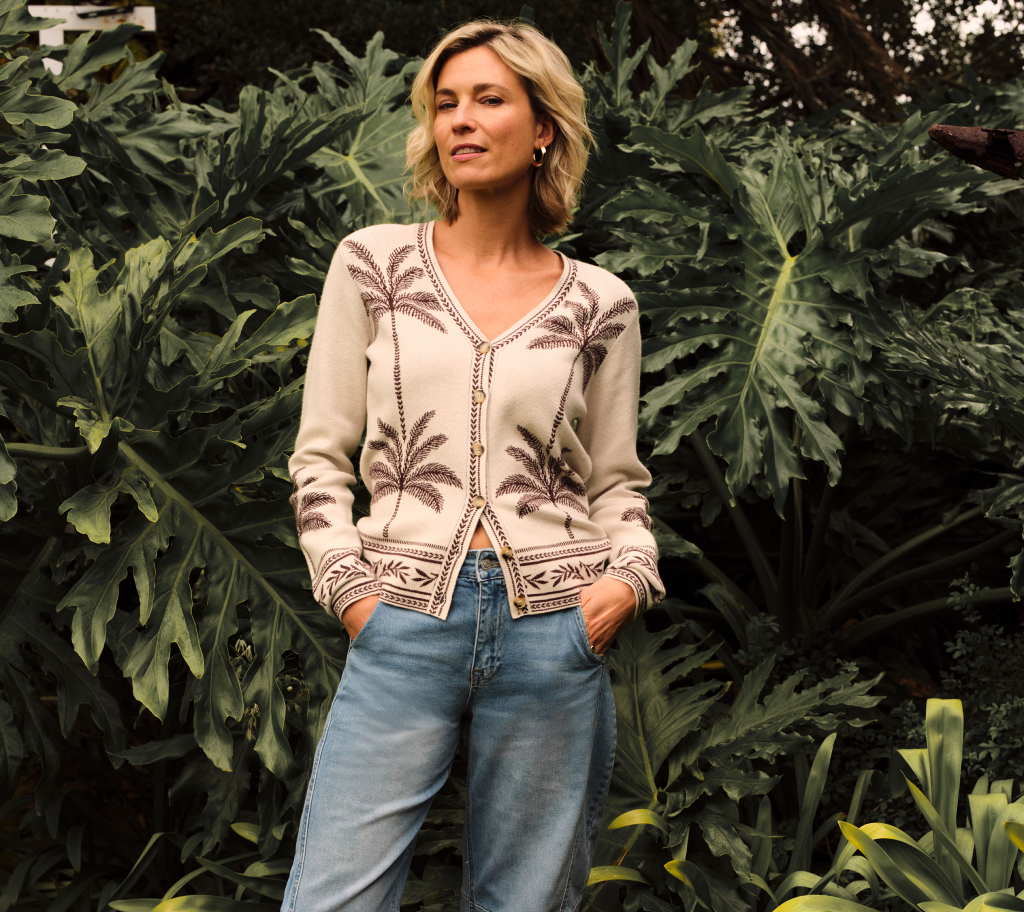 Woman wearing printed cardigan