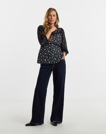Printed Black Lace Sleeve Blouse