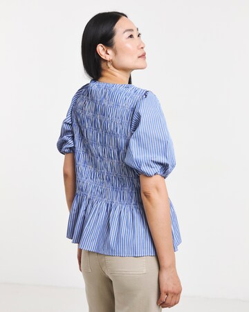 Navy Shirred Peplum Stripe Crew Neck Blouse