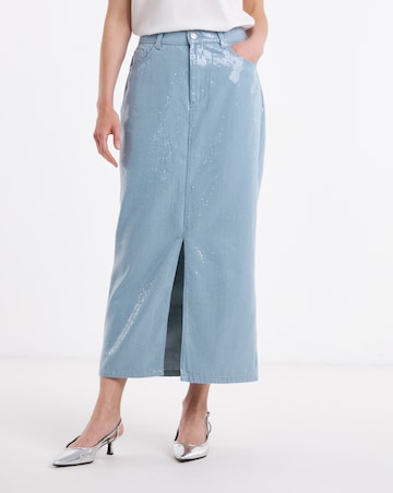 Clear Sequin Denim Midi Skirt
