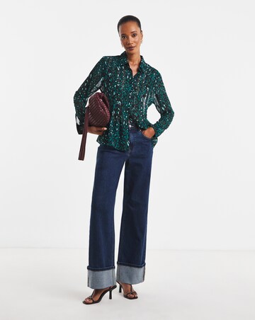 Blue Animal Print Pintuck Peplum Hem Georgette Shirt