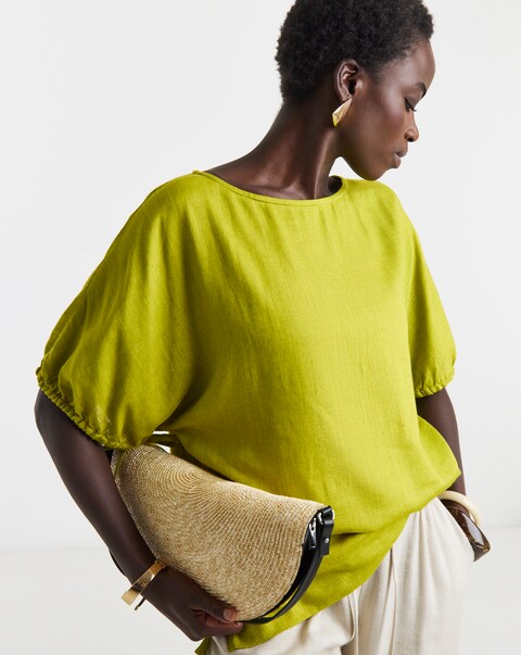 Chartreuse Linen Mix Elasticated Cuff Boxy Top