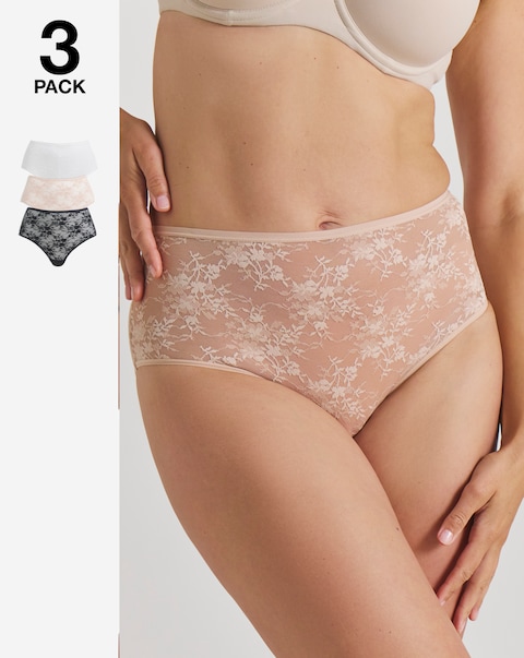 Pretty Secrets (3 Pack) Full Fit Lace Knickers Black/White/Almond