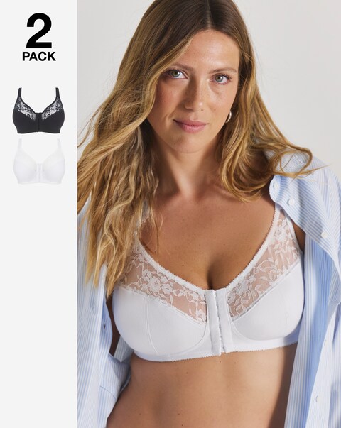 Pretty Secrets (2 Pack) Cotton Lace Front Fastening Non Wired Full Cup Bras