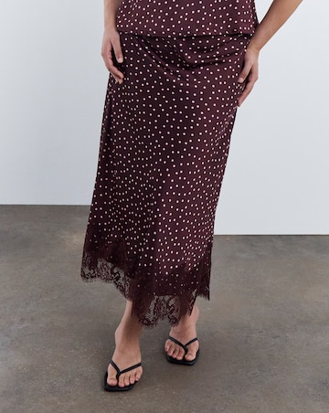 Simply Be Burgundy Spot Satin Midaxi Skirt With Lace Trim