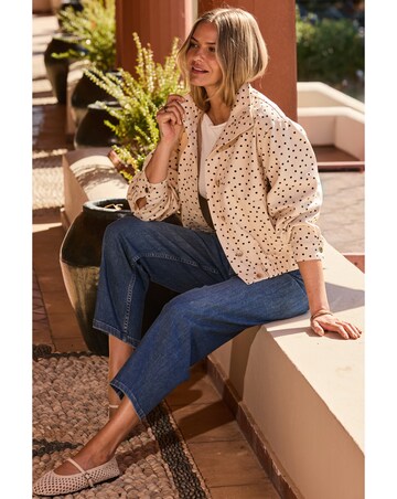Sosandar Funnel Neck Polka Dot Denim Jacket With Gold Trims