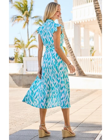 Sosandar Blue Ikat Print Ruffle Sleeve Shirt Dress