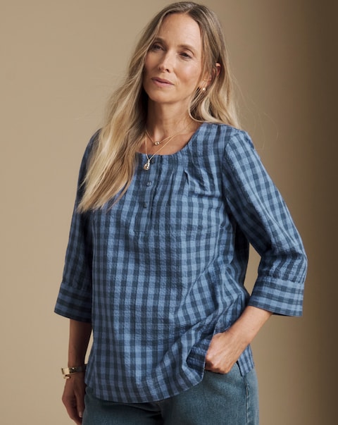 Julipa Cotton Seersucker Half Button Blouse
