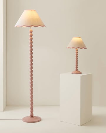 ValueLights Bobbles Rose Pink Bobbin Table Lamp with Pink Trim Scallop Shade