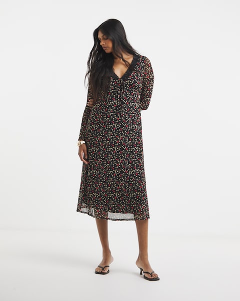 Simply Be Black Print Mesh Lace Trim Midi Dress