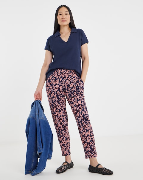 Navy Leopard Tie Waist Jersey Tapered Trouser