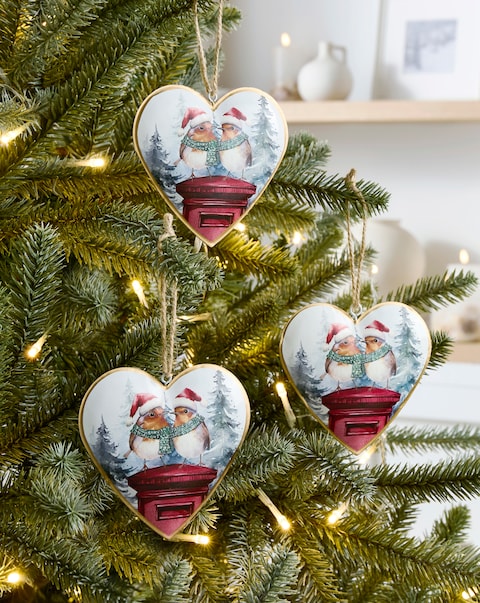 Gisela Graham Tin Heart Robin Hanging Decorations - Set of 3