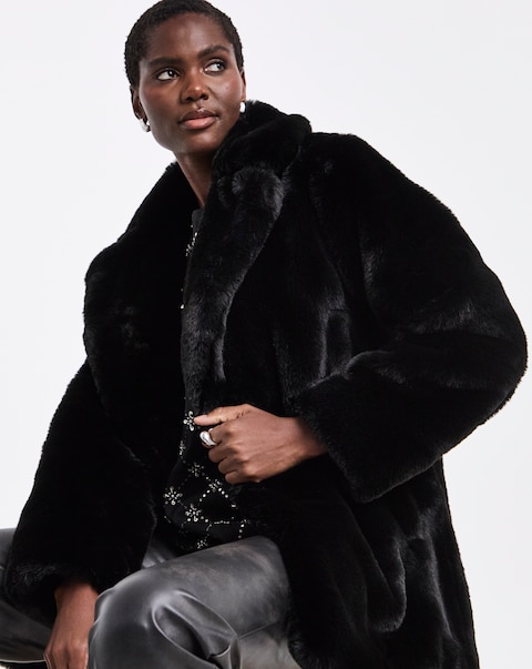 Black Plush Faux Fur Coat
