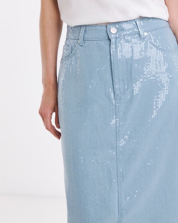 Clear Sequin Denim Midi Skirt