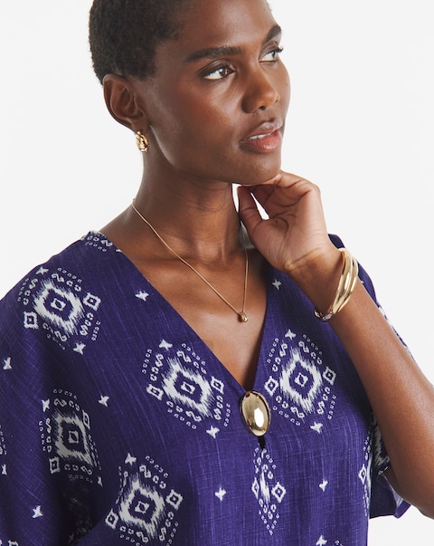 Printed Linen Mix Metal Trim Tunic Top