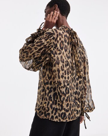 Leopard Foil Print High Neck Exaggerated Sleeve Blouse