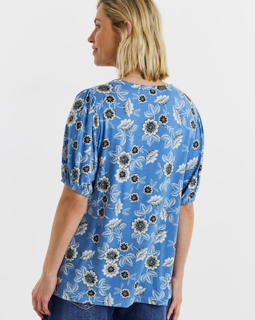 Blue Floral Button Front Short Sleeve Top