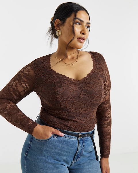 Simply Be Chocolate Lace Sweetheart Neckline Long Sleeve Top