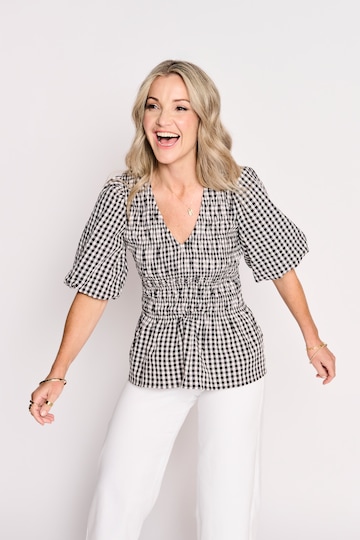 Shirred Gingham V Neck Peplum Blousey