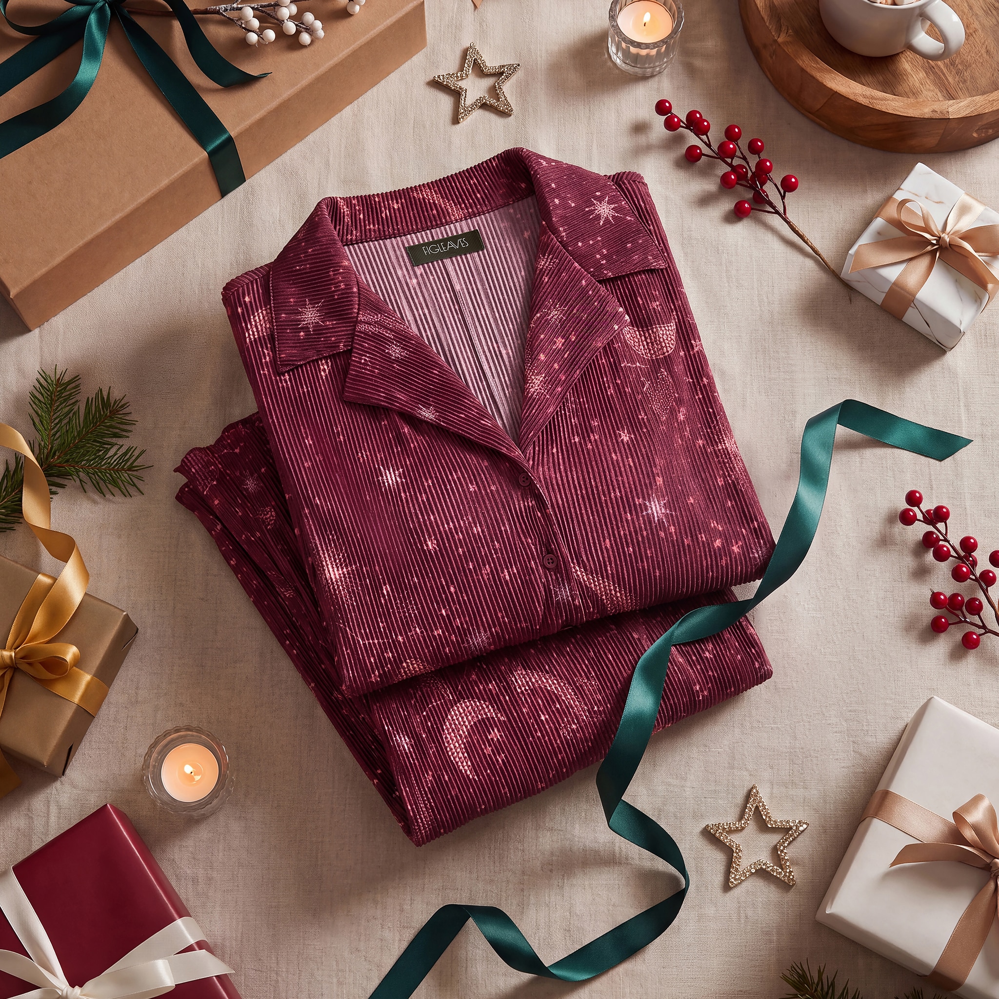Folded up maroon pyjama's on a table with Christmas decor around them.
