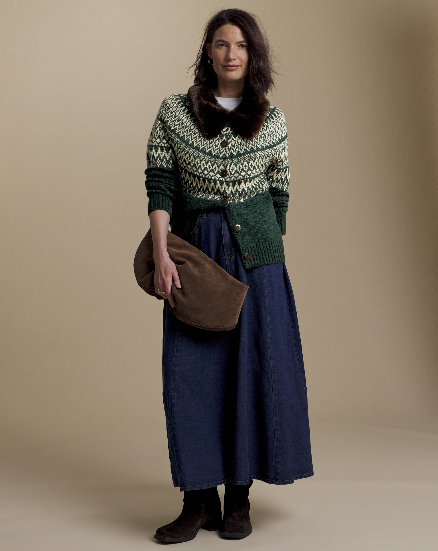Woman wearing Julipa Fairisle Faux Fur Collar Cardigan