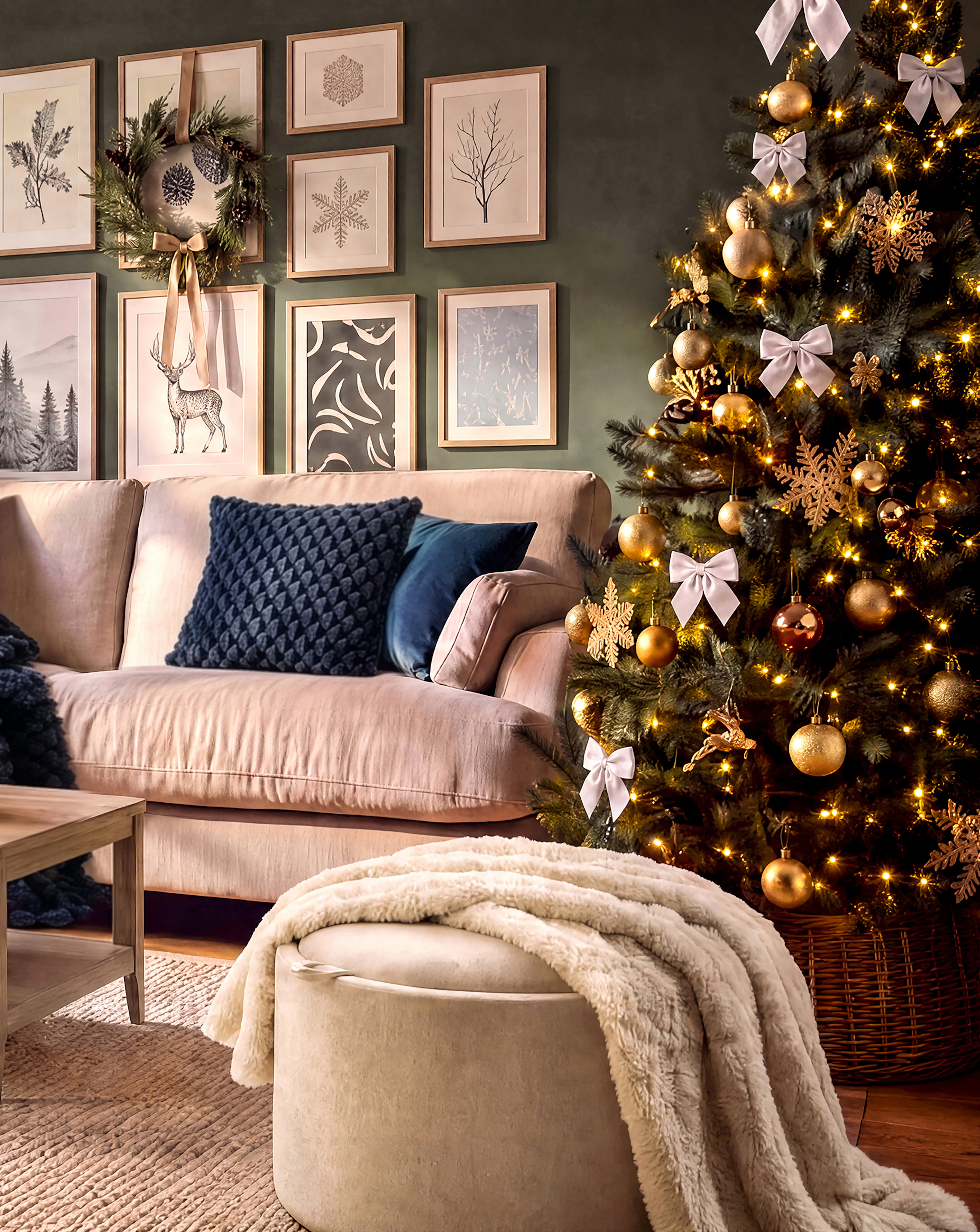 A Living room dressed up for Christmas with a tree on the right side of the room.