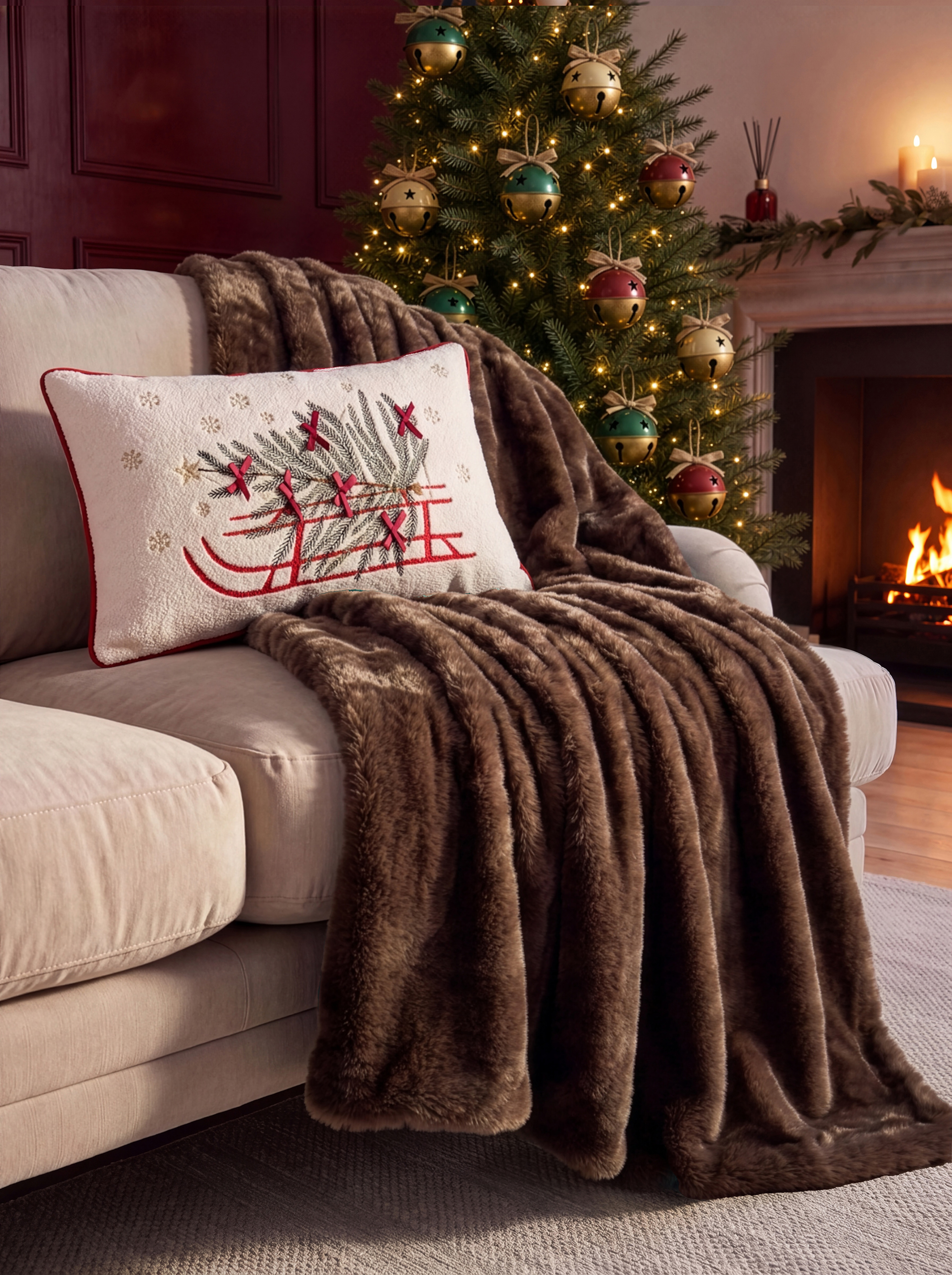 A living room all prepared for Christmas with a tree and decorations.