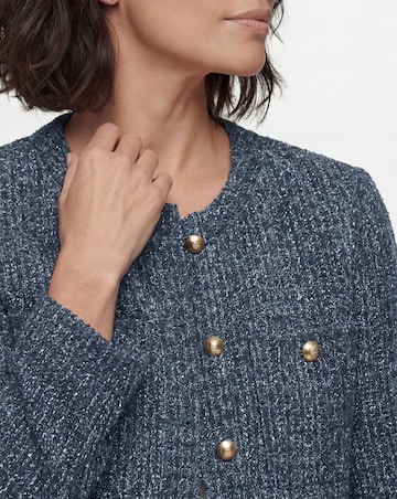 Indigo Boucle Peplum Collarless Denim Jacket