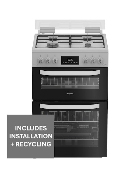 Hotpoint HDG6GDCW 60cm Gas Double Cooker with Glass Lid - White + Installation