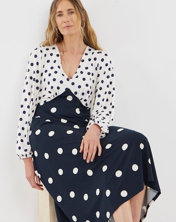 Navy Spot Contrast Print Jersey Midi Tea Dress