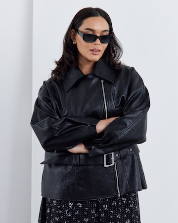 Black Relaxed Belted Faux Leather Biker Jacket