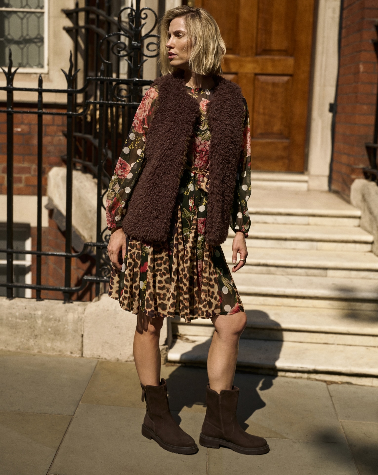 Woman wearing Julipa faux fur gilet