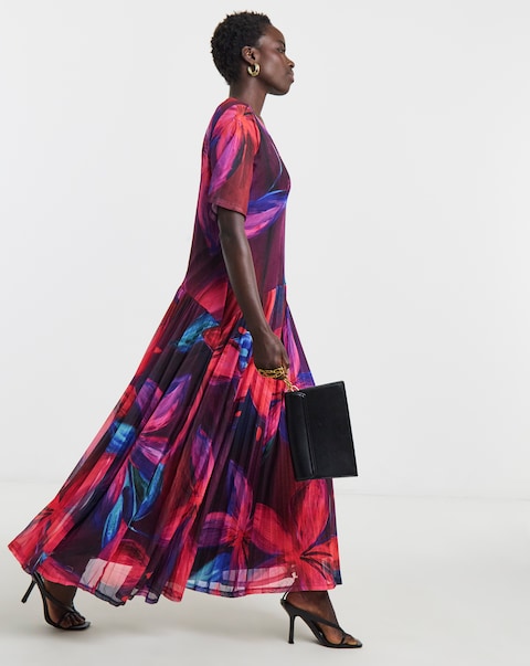 Floral Print V Neck  Pleated Dress