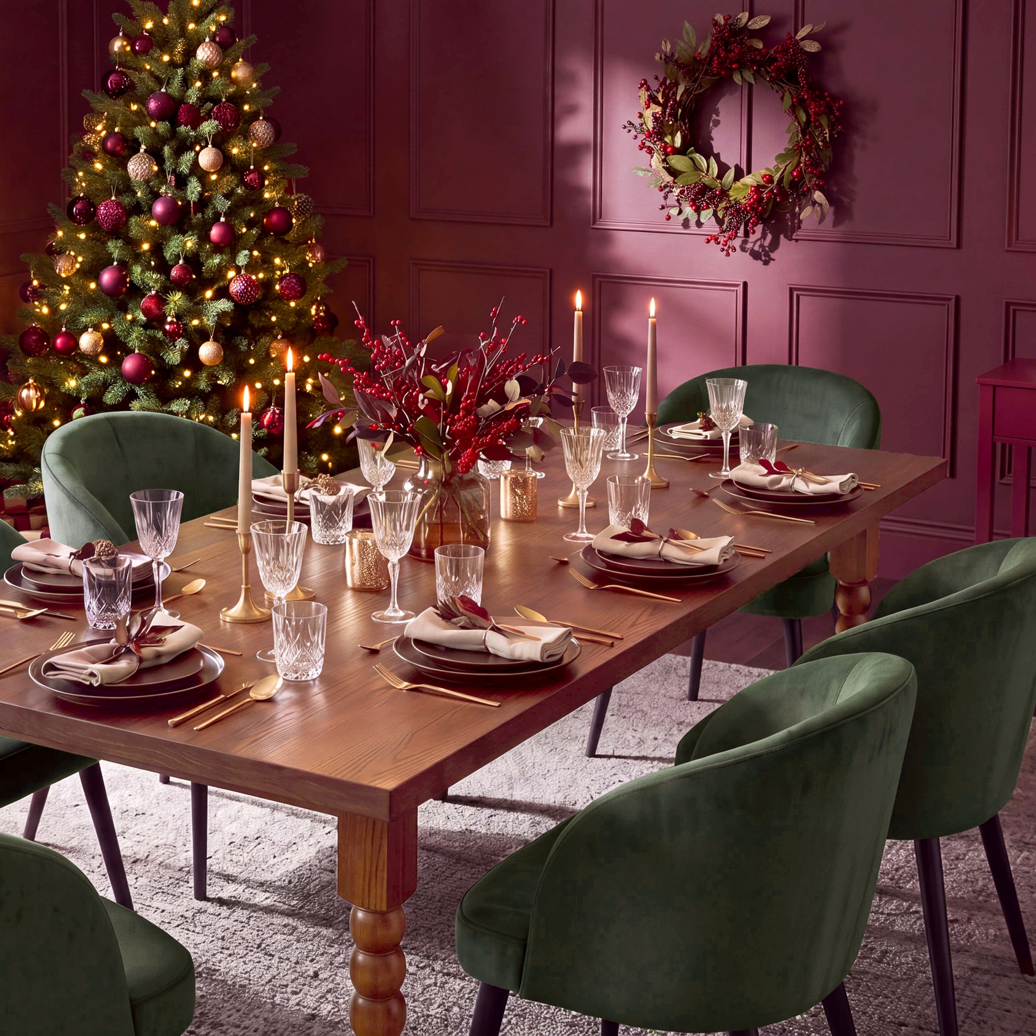 Festive dining room with a decorated Christmas tree, wreath, candlelit table setting, and green upholstered chairs against deep burgundy walls.