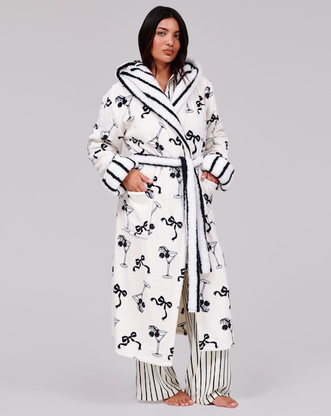 Loungeable Martini Bow Luxury Fleece Midi Hooded Dressing Gown