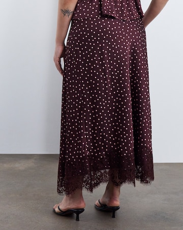 Simply Be Burgundy Spot Satin Midaxi Skirt With Lace Trim