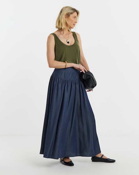 Dark Blue Pull On Tiered Tencel™ Lyocell Denim Midaxi Skirt