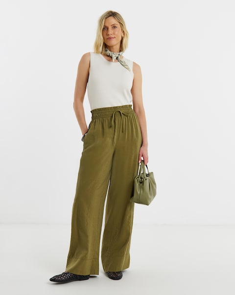Khaki Waistband Detail Wide Leg Trouser