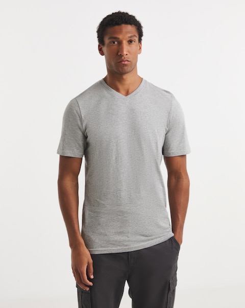 Pure Cotton V-Neck T-Shirt Long- Grey Marl